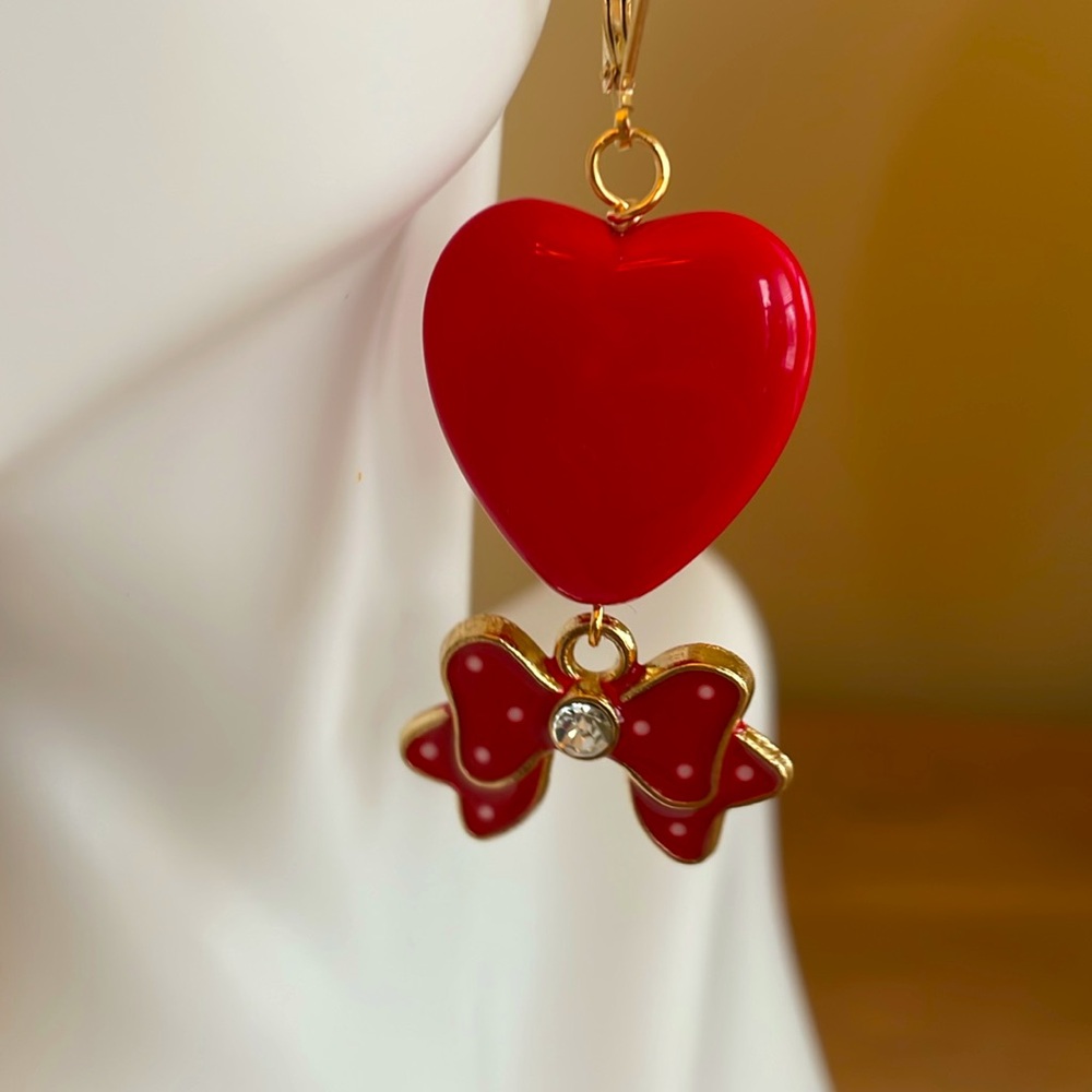HAND CRAFTED WHIMSICAL RED VALENTINE HEARTS PIERCED EARRINGS Red Gold